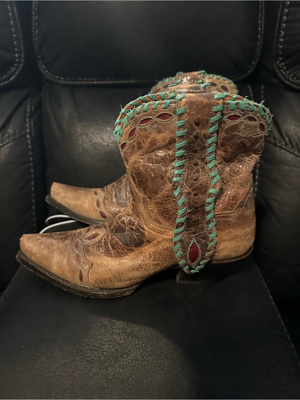 Dan Post Brown Leather Western Boots with Turquoise and Red Accents
